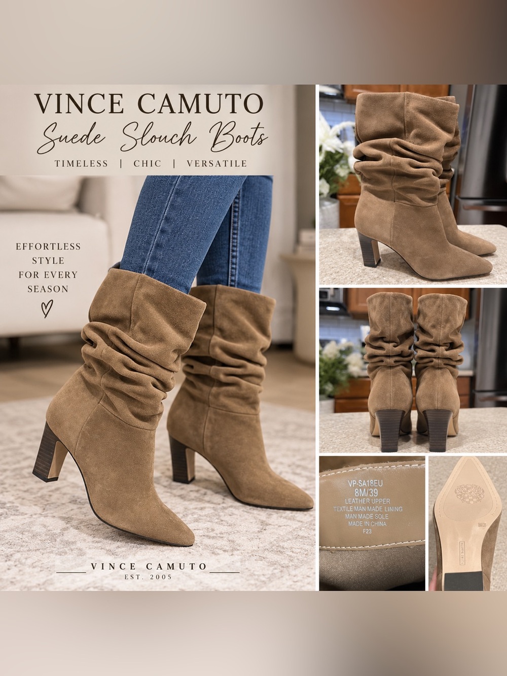 Vince Camuto Tan Suede Slouch Boots Pointed Toe Block Heel Size 8M